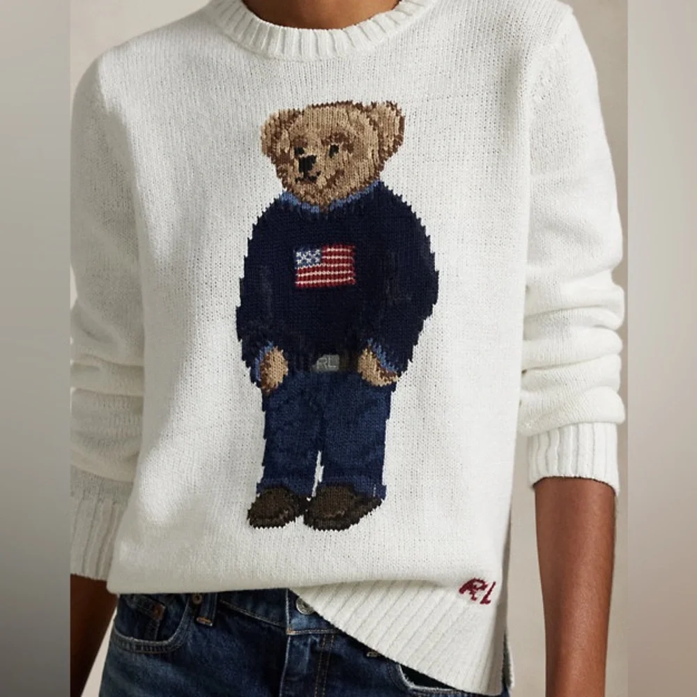 POLO RALPH LAUREN BEAR LINEN COTTON CREWNECK SWEATER IN DECKWASH WHITE MULTI - Picture 7 of 11